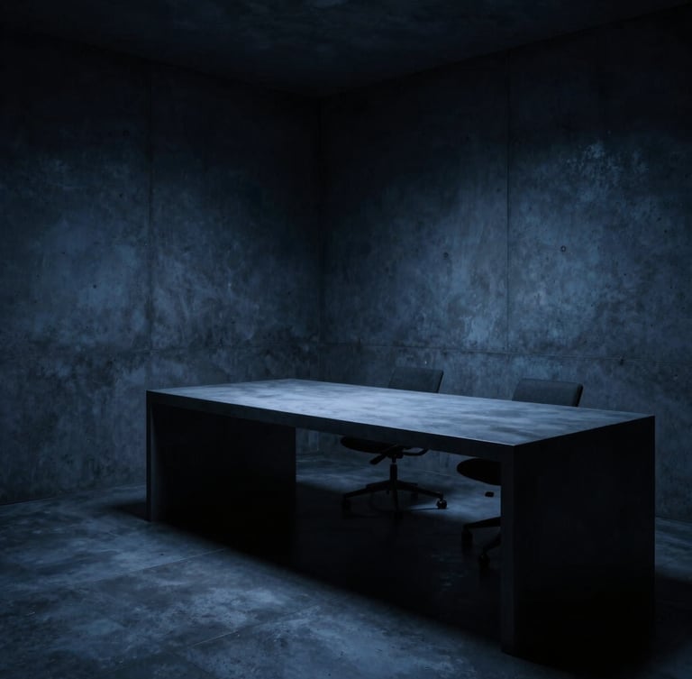 Moody architectural workspace with clean lines, dark concrete, minimal furniture under focused studio lighting, 50mm lens, dark cinematic style