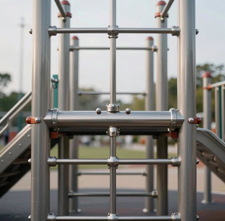 Straight-on architectural view of a modern public playground, focusing on a high-quality stainless steel climbing structure joint, overcast daylight, clean and structured composition.