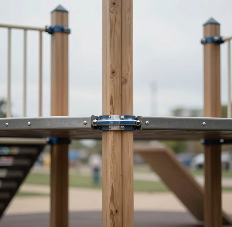 Straight-on level architectural shot of a modern public playground, focusing on a clean steel joint connection and timber post, bright neutral overcast daylight, structured composition.