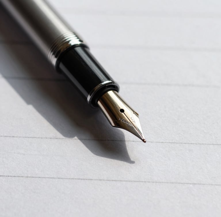 Strict eye-level macro close-up of a fountain pen resting on heavy, textured legal paper stock, sharp directional shadows, cool daylight.