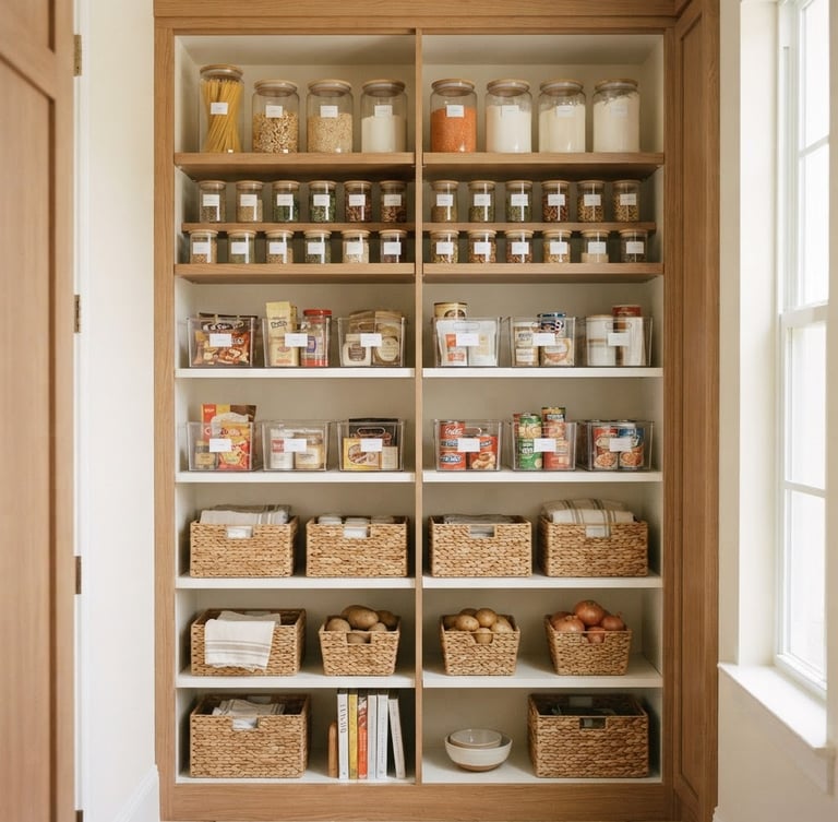Bright editorial photography of a perfectly organized kitchen pantry, soft natural Florida daylight, warm neutral tones, clean symmetrical composition, 35mm