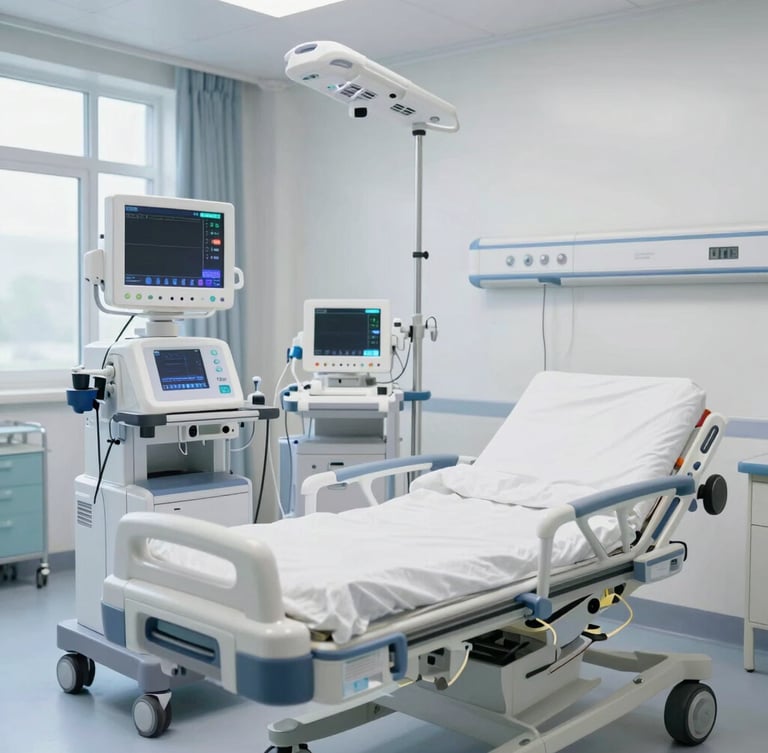 Inside a high-tech modern mobile intensive care unit (UTI móvel), clean clinical medical equipment, glowing monitors, sterile interior, bright clinical lighting