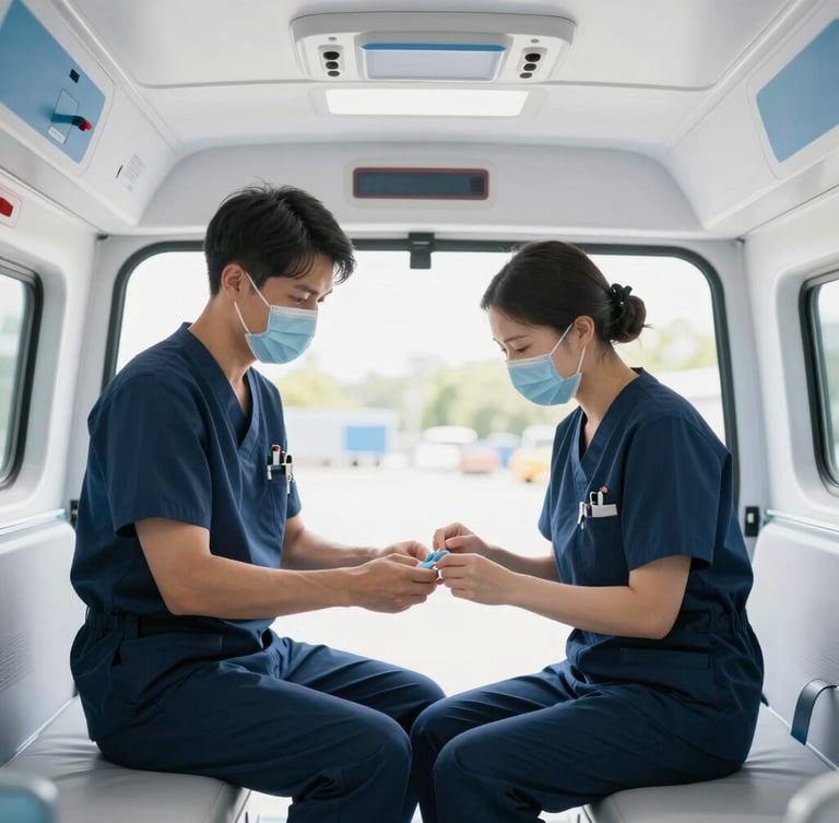 A professional doctor and nurse in clean navy uniforms checking equipment inside a brightly lit mobile ICU cabin, soft interior lighting, sharp focus, humanized care.