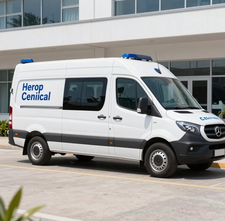 Side view of a modern clean ambulance parked outside a clinical facility, bright natural daylight, crisp navy blue branding visible, professional editorial medical style.