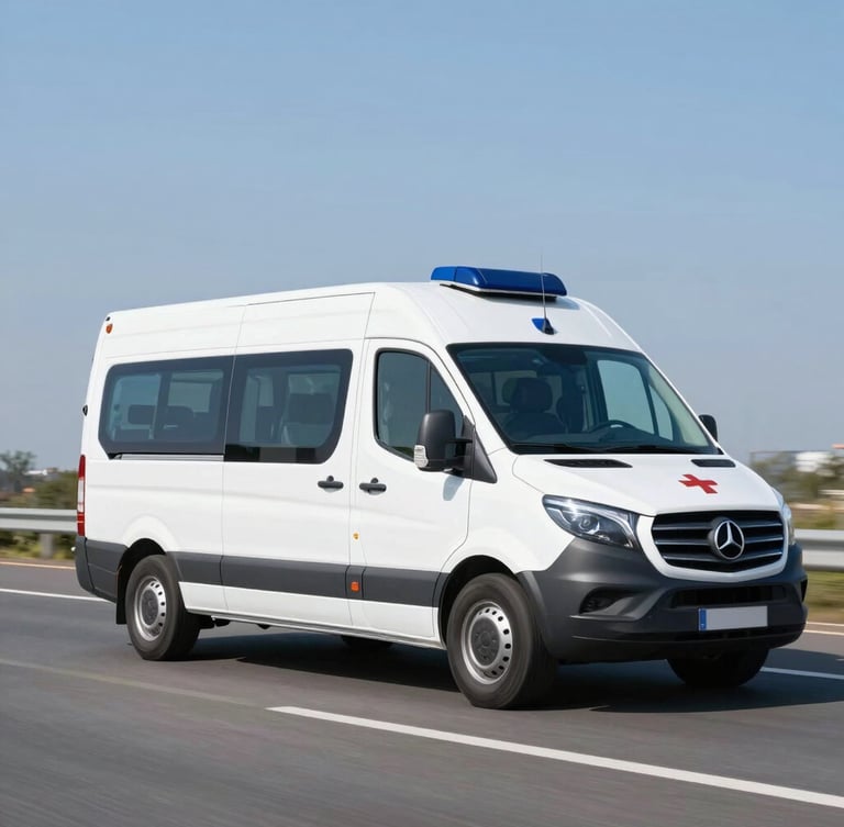 Side view of a modern clinical ambulance driving on a clean highway, bright natural daylight, professional medical photography style, sharp focus