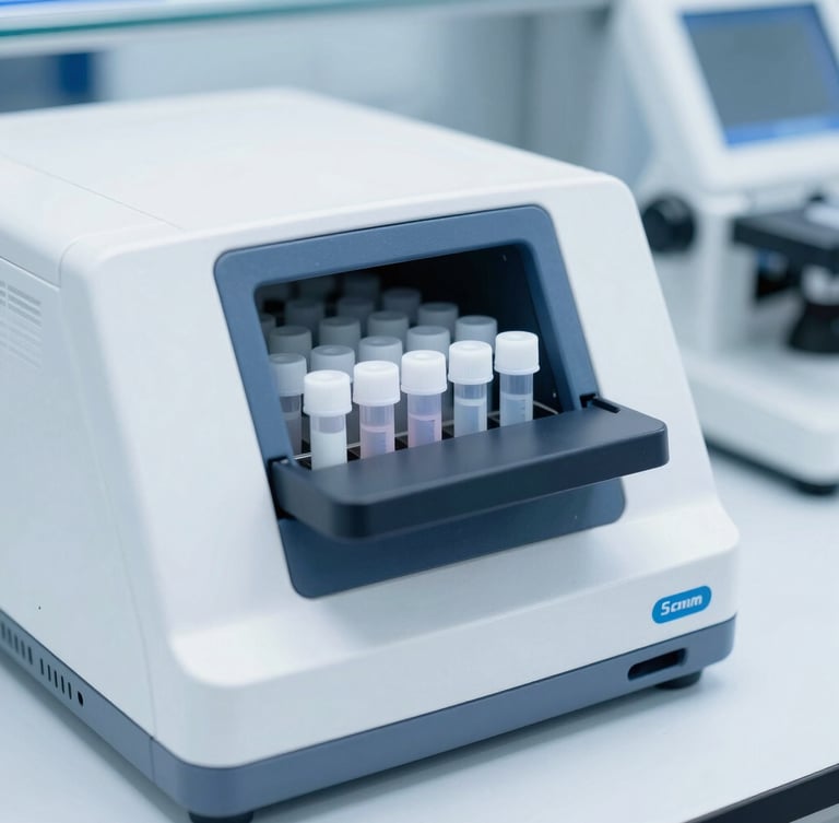 Crisp clinical photography of high-tech molecular PCR testing equipment in a sterile laboratory, bright white daylight, cool blue tones, sharp macro focus on specimen vials, 50mm