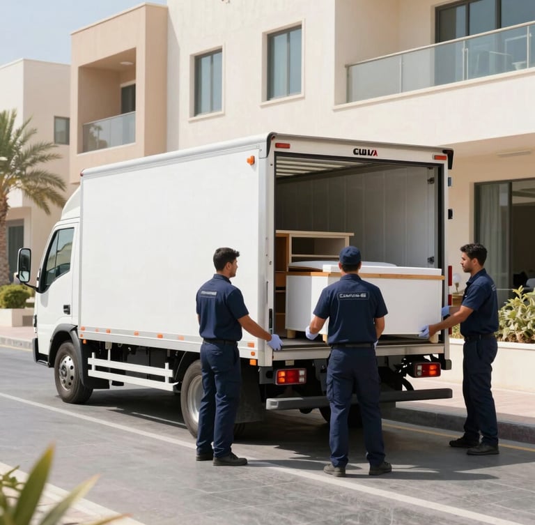 A clean, modern Gulf Link moving truck parked on a sunlit street in Jumeirah Village Circle, professional crew members in neat navy uniforms systematically loading protected furniture, bright natural daylight, crisp high-contrast colors.