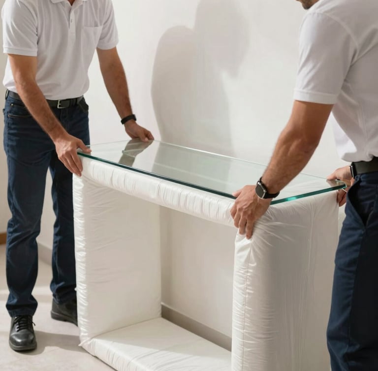 Close-up of professional movers in clean uniforms carefully wrapping a fragile glass console table with thick protective padding, bright natural Dubai sunlight