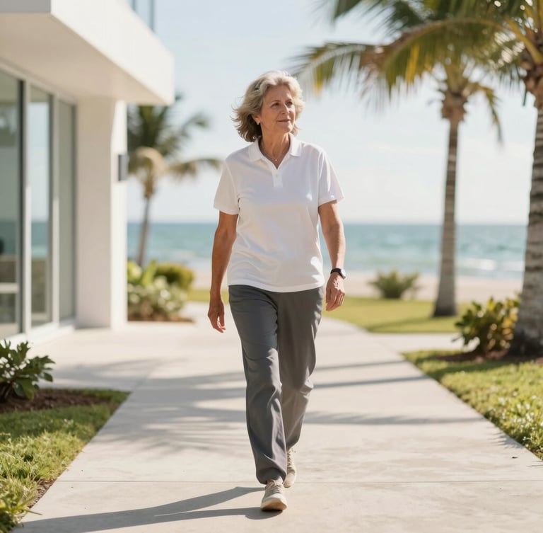 A bright, sunlit coastal outdoor scene in Florida, a professional active adult walking along a concrete path, warm morning sunlight, shallow depth of field, clean modern composition.