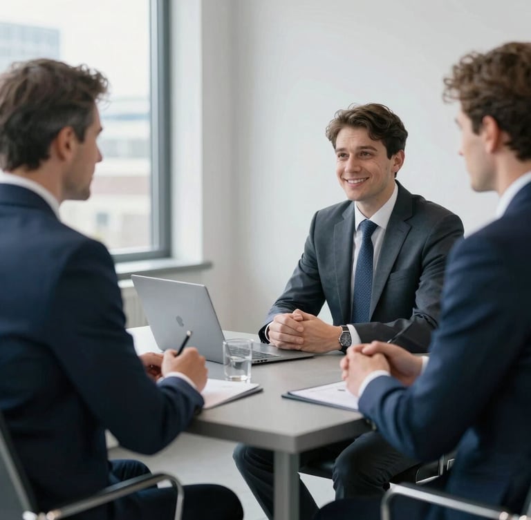 Professional editorial photography of a bilateral business meeting in Frankfurt, bright natural daylight, clean corporate environment, slate gray tones, 35mm lens