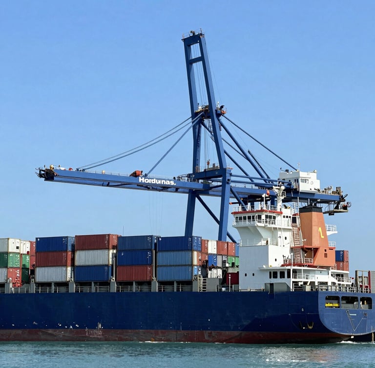Modern industrial shipping port in Honduras with container ships, bright clear daylight, deep blue and slate tones, professional editorial photography, 35mm lens