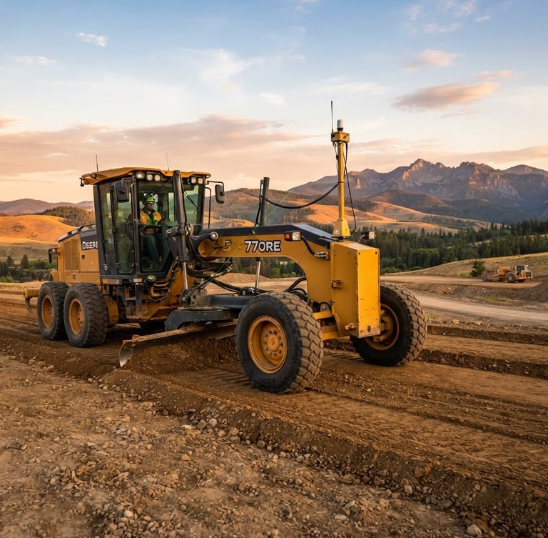 Low-angle heroic shot of a laser-guided grader precisely leveling Idaho soil at golden hour, dust-free, sharp focus.