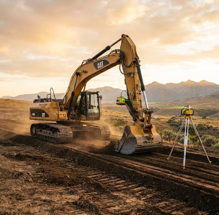Low-angle heroic shot of a large excavator precisely grading Idaho soil at golden hour, laser level visible, clean lines, sharp focus, 35mm lens, expansive sky.
