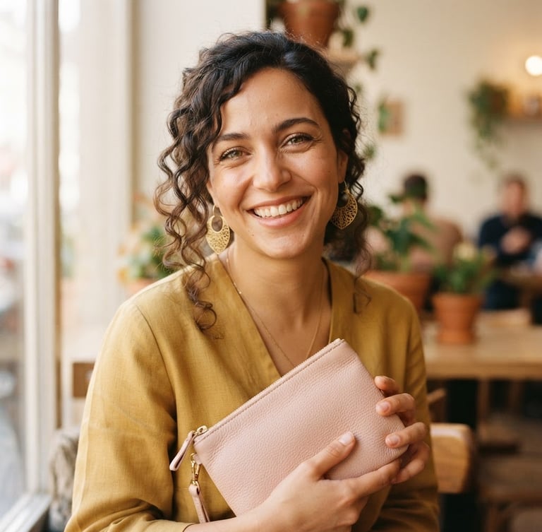Close-up of a young Algerian woman smiling, wearing elegant gold earrings and holding a soft blush pink pouch, warm natural window light, shallow depth of field