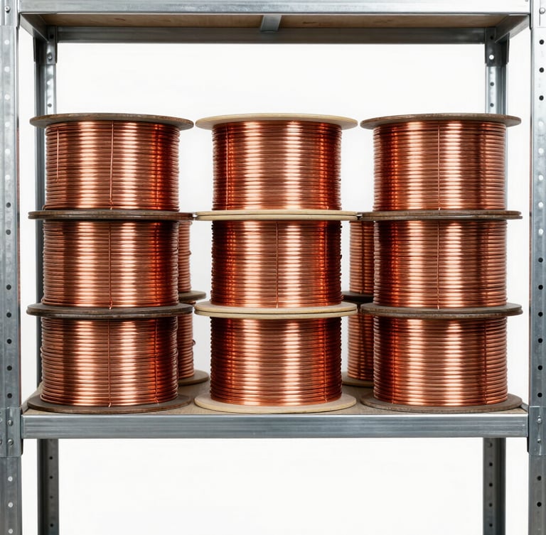Straight-on industrial product photography of heavy-duty copper wire spools neatly stacked on steel warehouse shelves, bright clean studio lighting