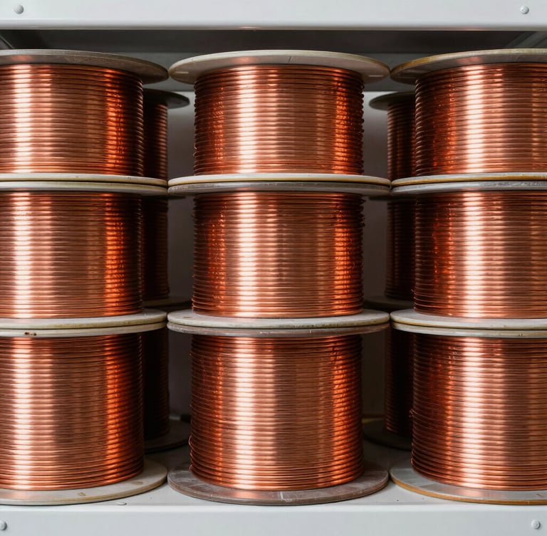 Straight-on industrial product photography of neatly stacked heavy-gauge copper wire spools on metal warehouse shelves, bright crisp lighting