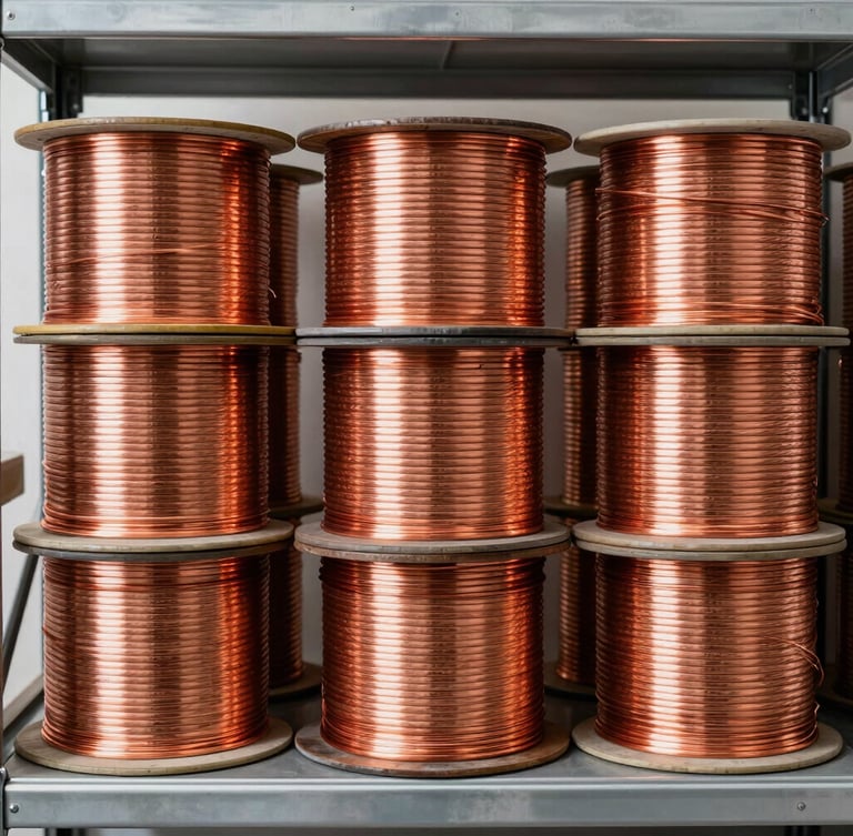 Straight-on bright industrial product photography of neatly stacked heavy-gauge copper wire spools on metal warehouse shelving, clean studio lighting, high-contrast neutral tones