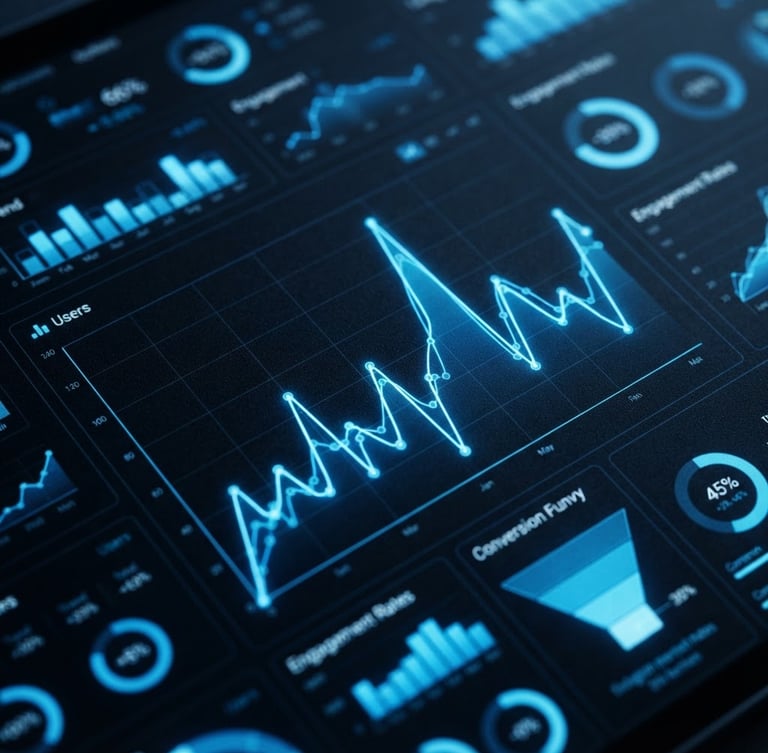 Macro close-up of a digital marketing dashboard with real-time analytics graphs, glowing blue accents, crisp tech photography, cool studio lighting, 35mm lens