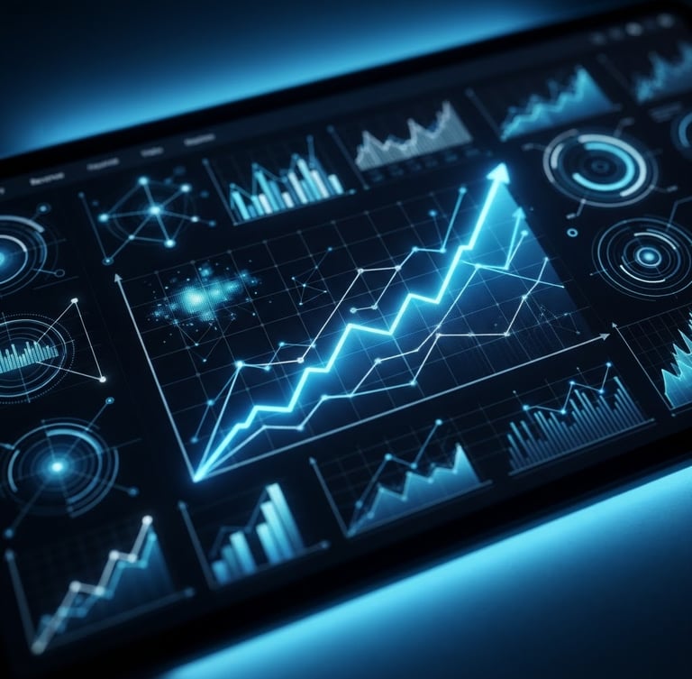 Macro close-up of a digital marketing analytics dashboard showing real-time revenue growth charts, cool studio lighting with electric blue ambient backlighting, sharp focus, 35mm lens