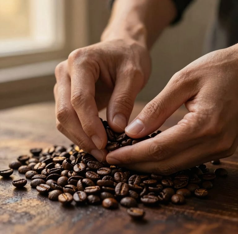 Portrait shot of hands carefully sorting roasted coffee beans on a dark wooden surface, warm soft golden-hour light, rich dark tones, shallow depth of field, focus on the hands and beans.