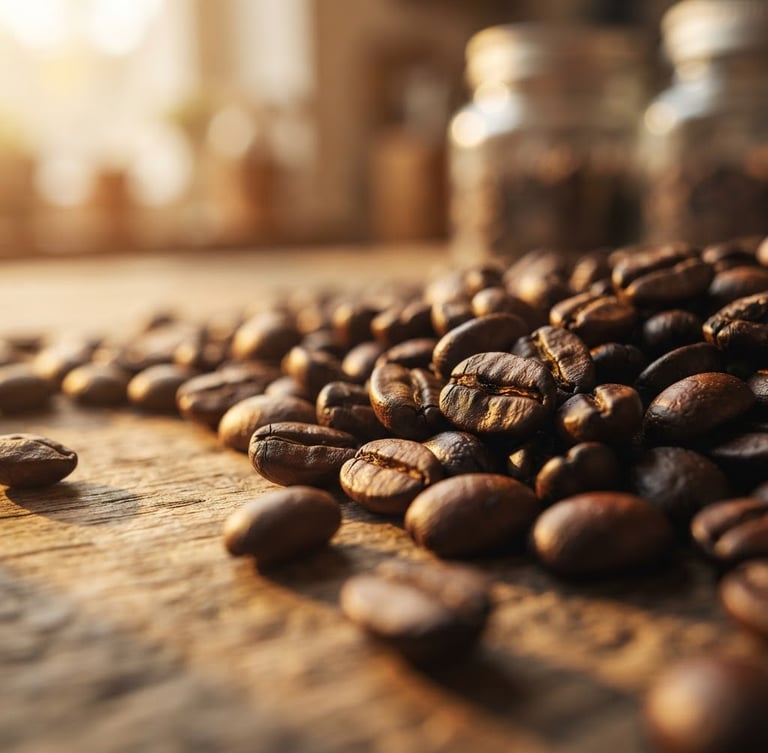 Close-up of freshly roasted coffee beans, rich dark tones with golden highlights, soft golden-hour window light, shallow depth of field, panoramic 21:9 frame, negative space to the left.