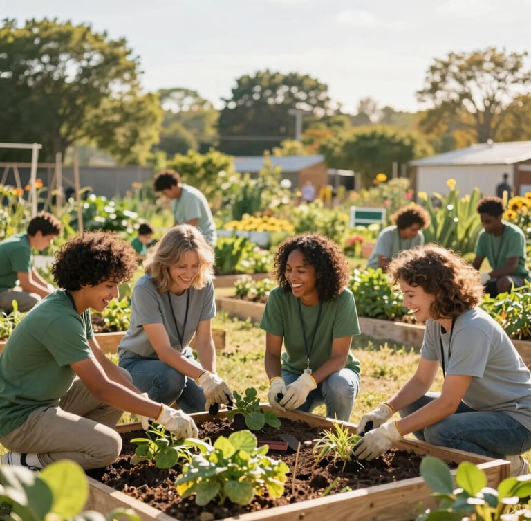 Wide panoramic shot of volunteers of diverse ages laughing while working together to build a new community garden, bright sun-dappled lighting
