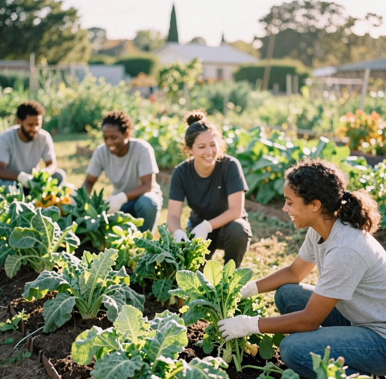 A warm, bright photo of diverse volunteers laughing while harvesting fresh heirloom vegetables in a sun-dappled community garden, 35mm