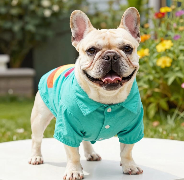 Bright cheerful portrait of a happy French bulldog wearing a colorful custom-tailored teal cotton shirt, outdoor garden setting, high-key natural daylight, eye-level 35mm