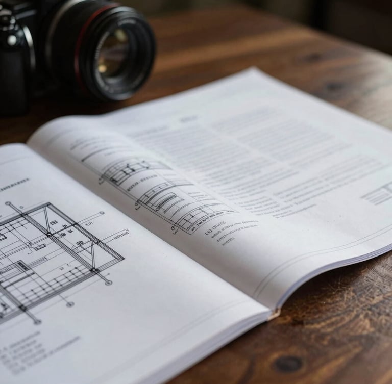 Extreme close-up of redacted institutional documents and architectural blueprints on a dark walnut table, low-key lighting, deep shadows.