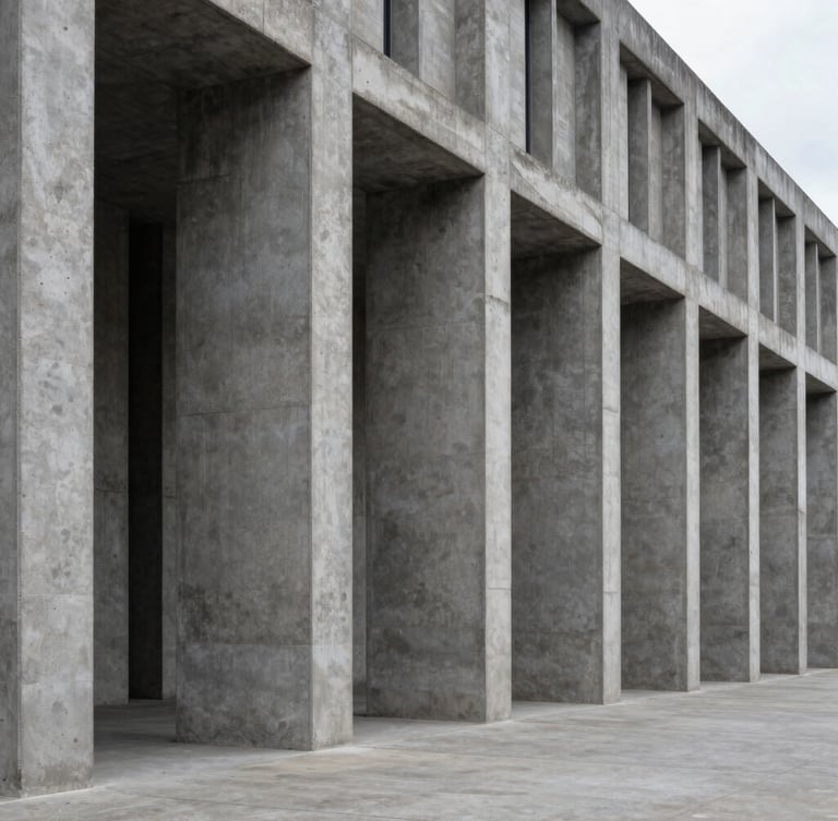 Wide architectural angle of brutalist concrete columns in deep shadow, dramatic overcast daylight, clean lines, minimal composition.