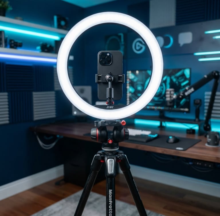 Professional home-studio setup with ring light and smartphone on a tripod, clean digital background, cool navy and cyber-cyan accents, sharp focus, 50mm