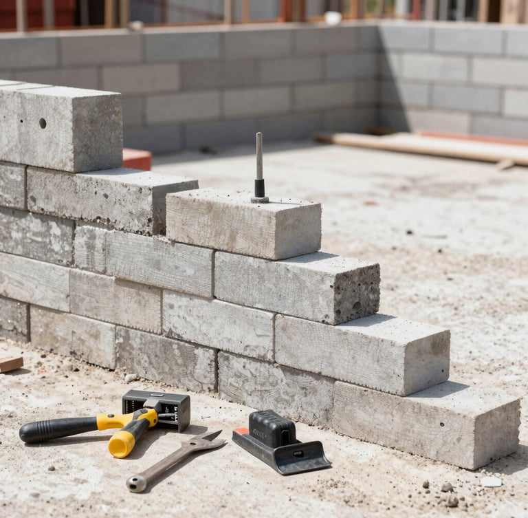Crisp documentary photography, bright natural daylight, a clean and organized construction site in Brazil, precise bricklaying work, professional tools, 35mm