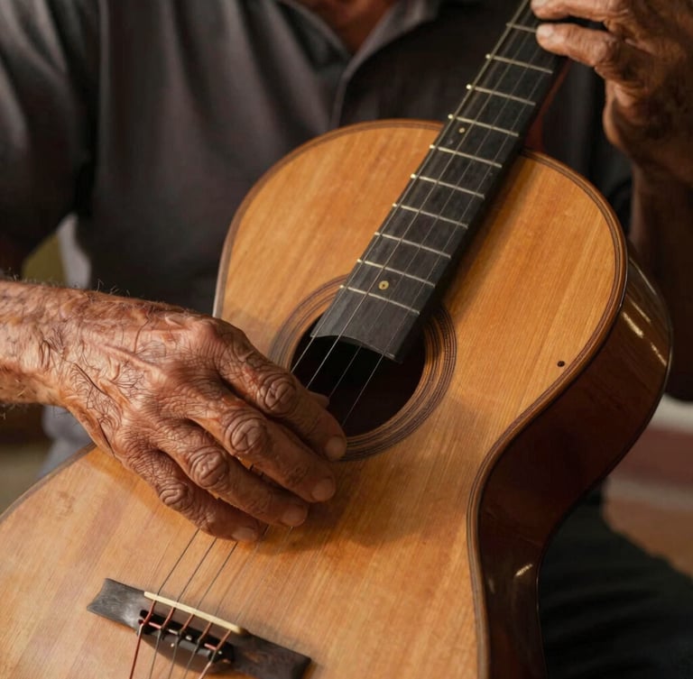 Close-up focado nas mãos calejadas de um músico tocando uma viola caipira de dez cordas, madeira rústica e desgastada pelo tempo, iluminação quente de pôr do sol vindo lateralmente.