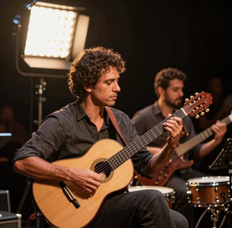 Paulo Cruz & Eduardo tocando no palco sob luzes quentes de refletores âmbar, a viola caipira de dez cordas em destaque em primeiro plano, poeira dourada flutuando no ar, fundo escuro com silhueta do público.