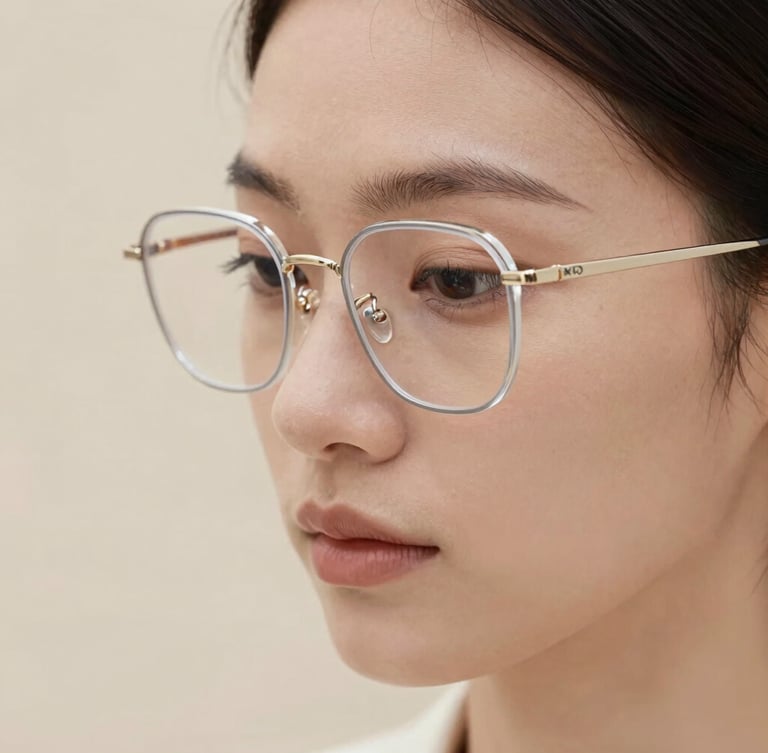 Close-up portrait of a person wearing elegant minimalist acetate glasses, soft natural daylight, neutral sand background, shallow depth of field, 35mm