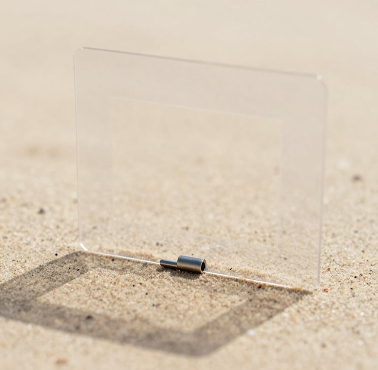 Close-up shot of a transparent acetate frame hinge, showing the delicate metal core, soft shadows, warm sand background, 35mm photography