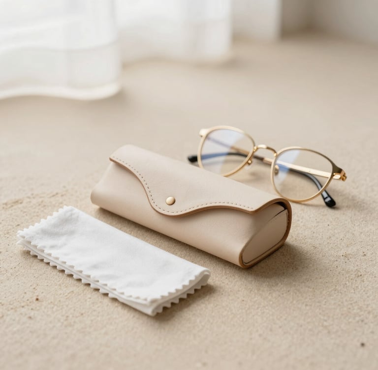 Minimalist flat-lay of a leather eyewear case, cleaning cloth, and golden optical frames on a soft beige sand surface, diffused natural window light, gentle shadows, shallow depth of field, 35mm