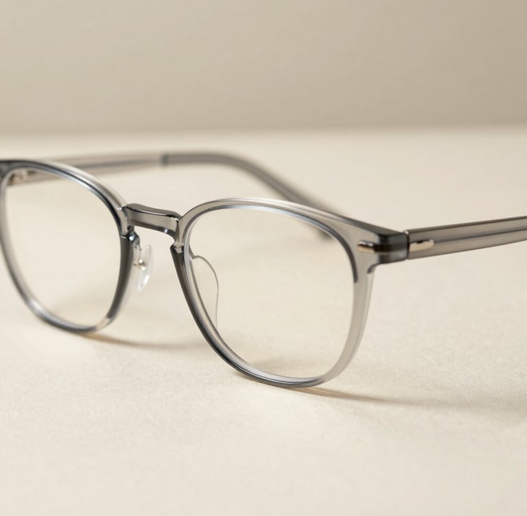 Close-up of hand-polished acetate glasses frame on a neutral cream background, soft natural daylight, minimalist editorial photography, shallow depth of field, 35mm