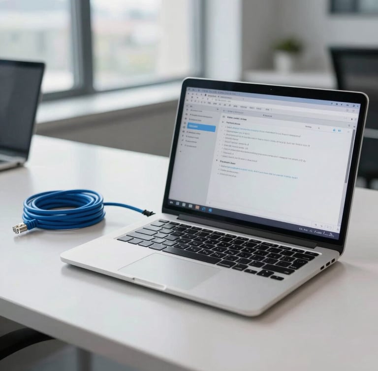 A vertical portrait of a modern, organized tech workspace in Waterloo. A clean laptop showing network diagnostics sits beside a neatly coiled blue ethernet cable on a light grey desk, bright daylight.
