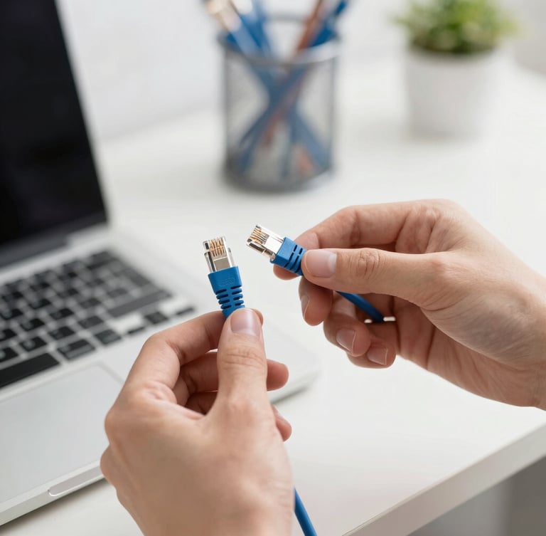 A close-up of hands organizing clean blue network cables in a bright Waterloo home office setup, sharp depth of field.