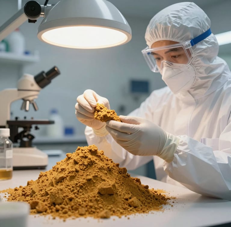 A clean, modern laboratory technician in protective wear inspecting a sample of golden jaggery powder under precise, clean industrial lighting.