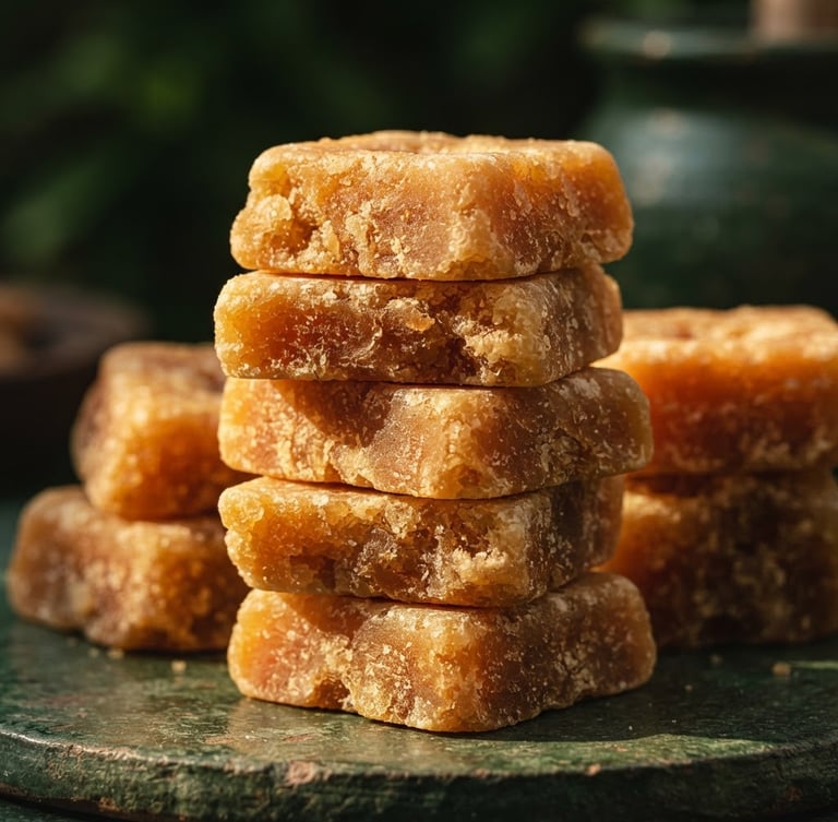 Macro shot of structured golden-amber jaggery blocks stacked neatly against a deep forest green textured background, warm sunlight highlighting the crystalline texture.
