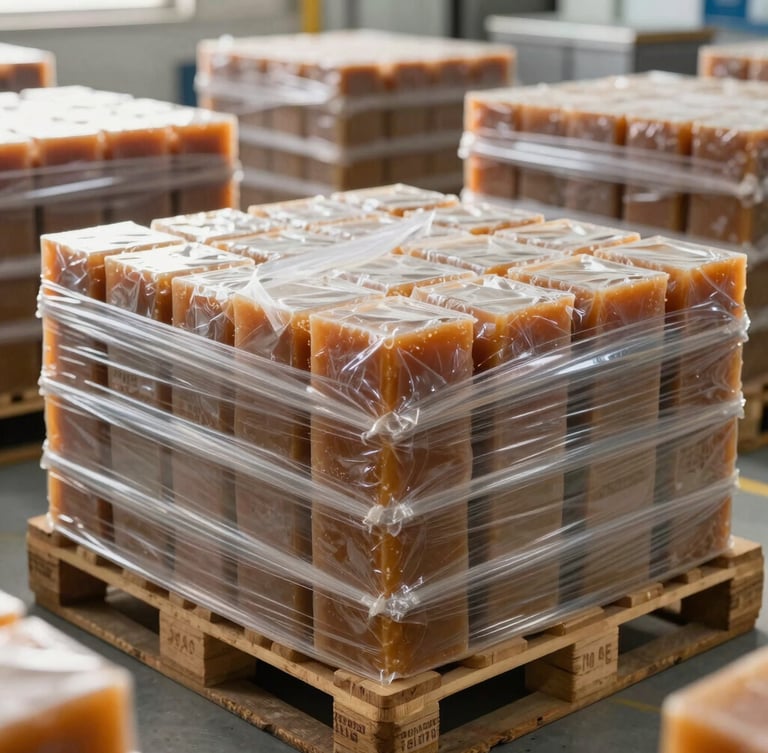 Pristine stainless-steel manufacturing line with neatly stacked, shrink-wrapped export pallets of jaggery cartons ready for container loading, bright clean factory lighting
