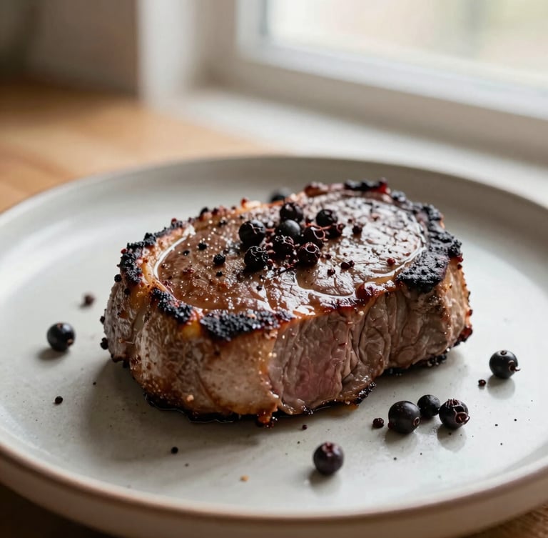 Eye-level close-up of a seared venison loin on a minimalist ceramic plate, garnished with crushed dark juniper berries, soft afternoon kitchen window light