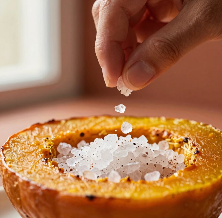 Macro close-up of flaky smoked sea salt being hand-pinched over a roasted heirloom squash, warm directional side-light, soft shadows, rich terracotta background