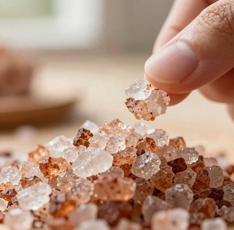 Macro close-up of coarse, flaky smoked sea salt being pinched by hand, warm directional side-light highlighting the crystalline textures, shallow depth of field