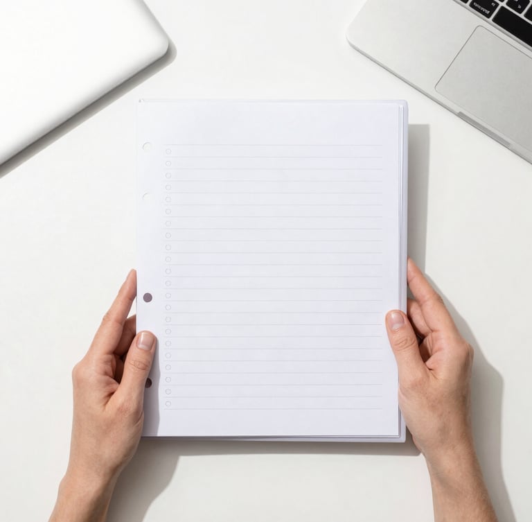 Overhead flat-lay of an organized desk, hands holding a neatly labeled file folder, clean workspace aesthetic, bright daylight, 35mm