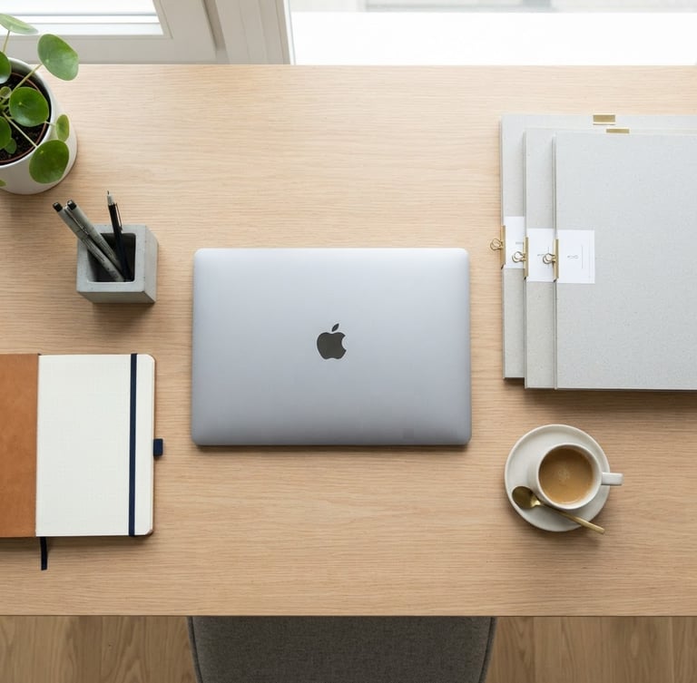 Overhead flat-lay of an impeccably organized modern desk with a laptop, neatly stacked labeled folders, and a ceramic mug in bright natural daylight, 35mm