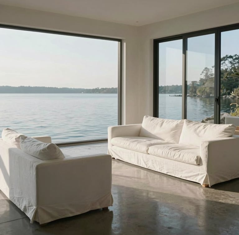 A sunlit, minimalist lakefront living room with white linen sofas, polished concrete floors reflecting soft north-facing light, and expansive windows looking out to quiet water.