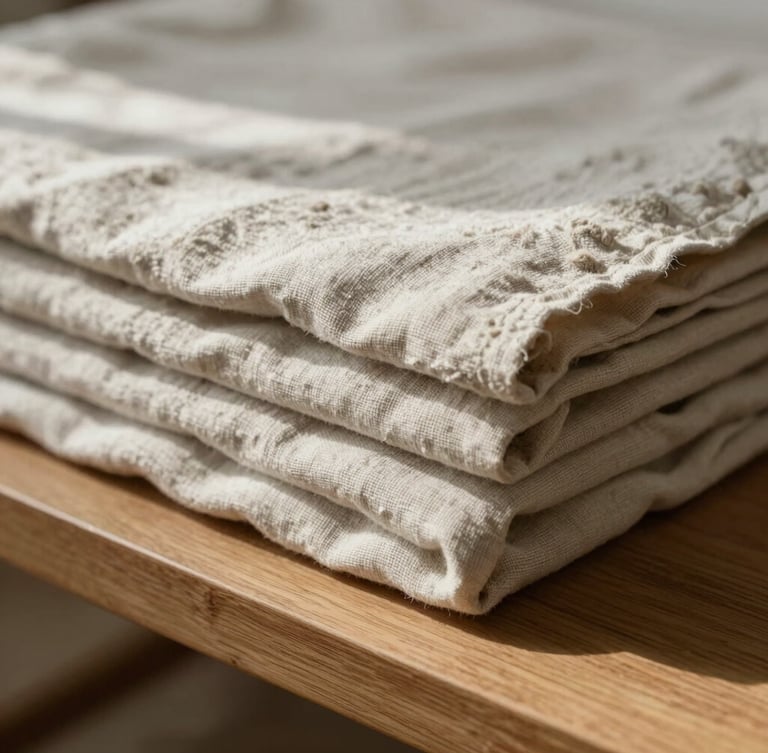 A tight, artistic macro crop of soft, textured linen sheets folded neatly on a minimalist wooden bench, diffused north-facing natural daylight casting gentle shadows.